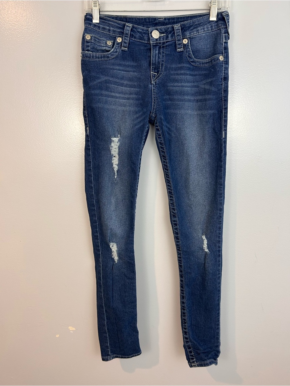 True Religion Vintage Y2K Distressed Blue Denim Skinny Ankle Jeans Size 14/27